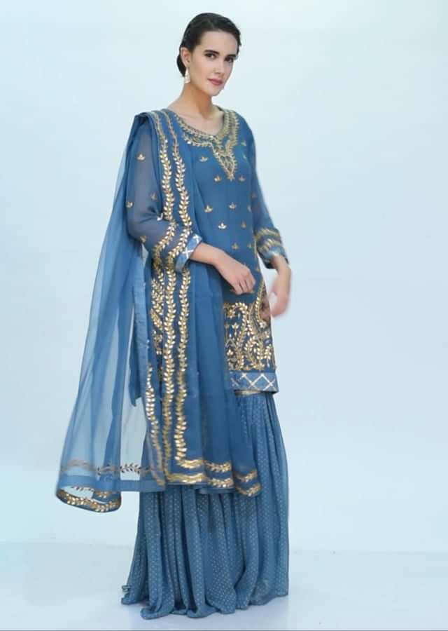 Turq blue gotta patch embroidered sharara suit set only on Kalki
