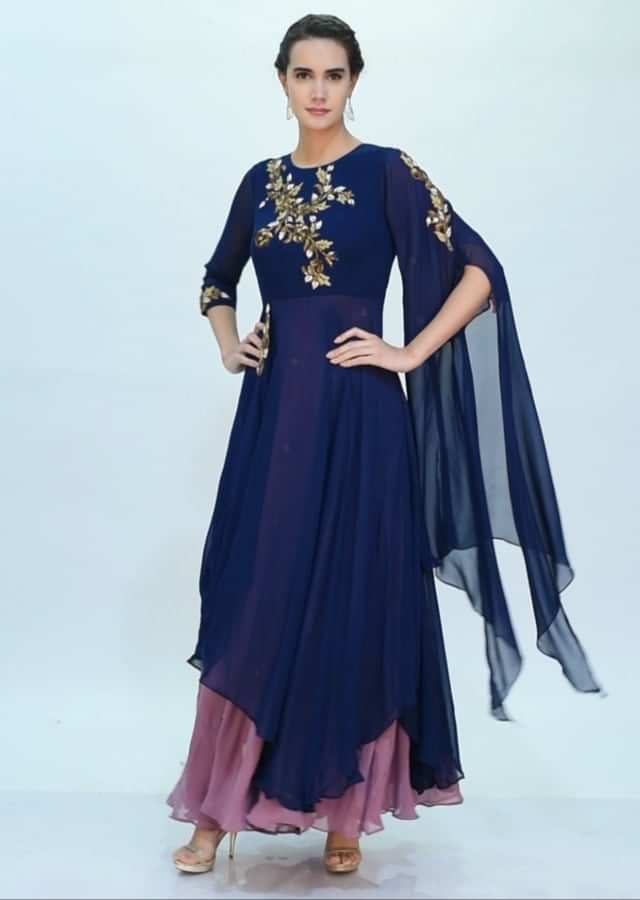 Indigo blue and orchid double layer tunic dress with drape and flared sleeves only on Kalki