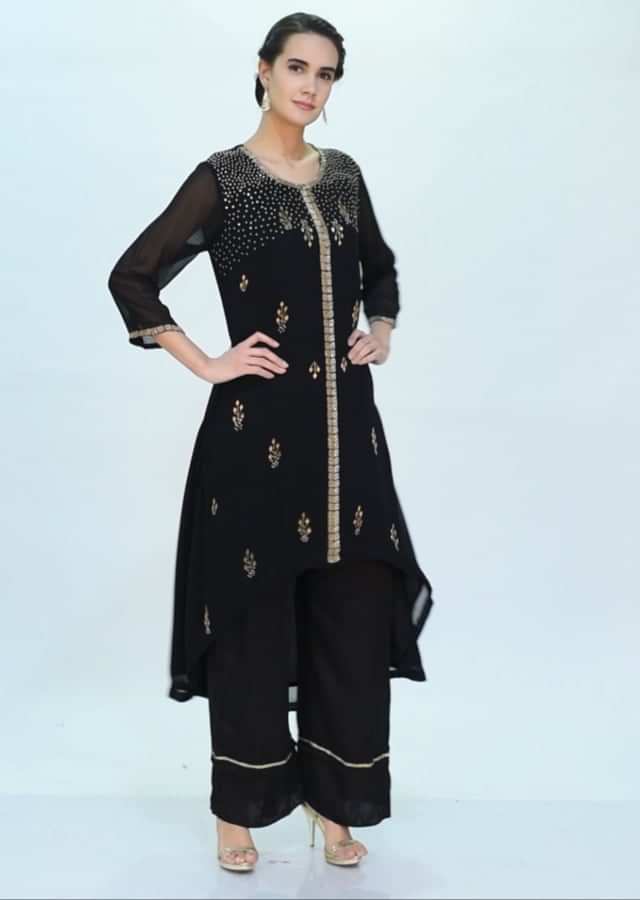 Black embroidered georgette suit with black satin pant only on Kalki