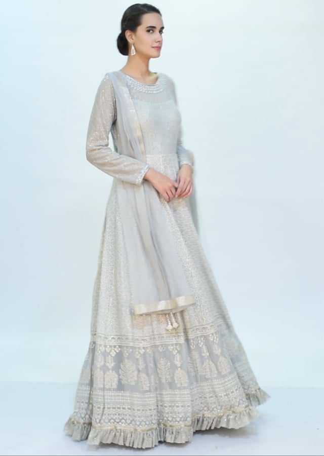 Grey georgette anarkali dress in thread and zari embroidery only on Kalki