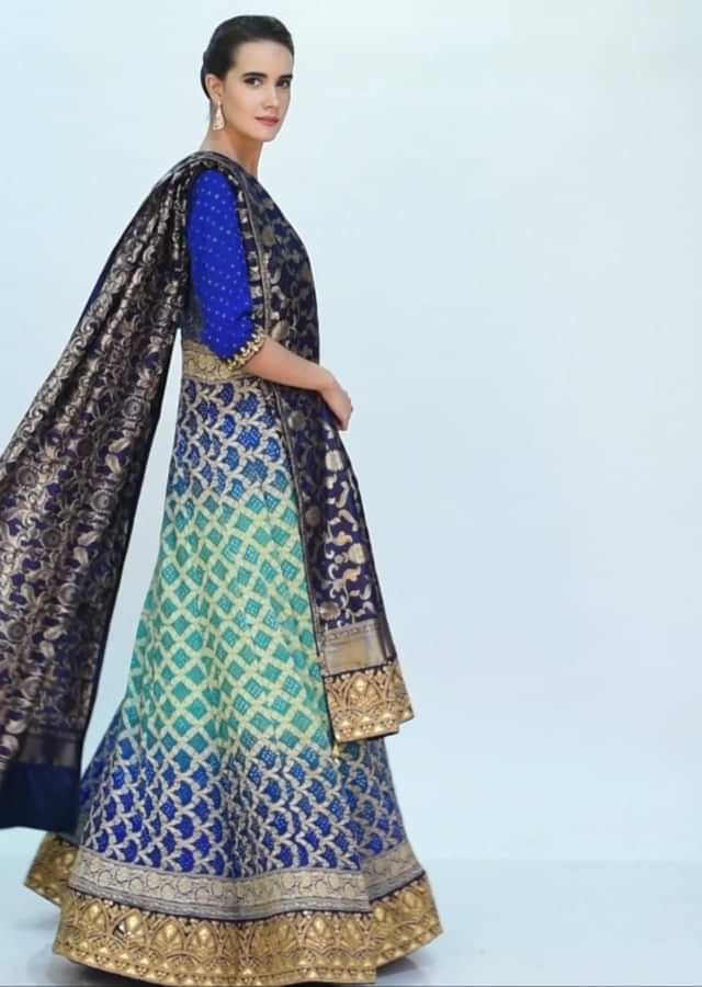 Admiral blue and green shaded crushed bandhani anarkali only on Kalki