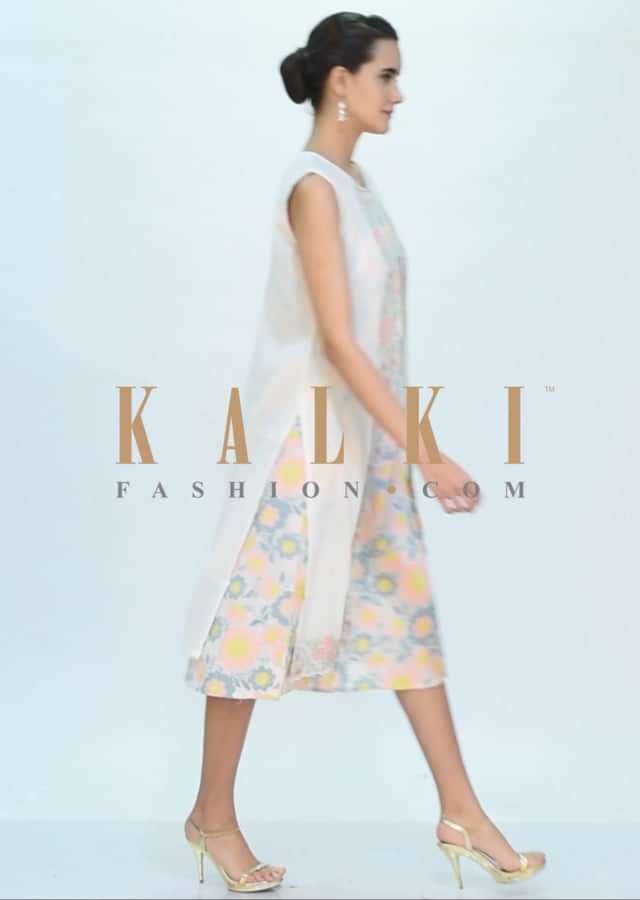 Off white multi color floral printed tunic dress with matching cotton jacket only on Kalki