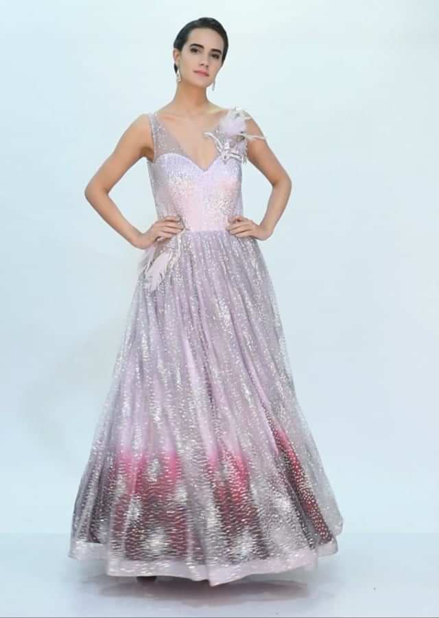 Lavender and maroon shaded shimmer net gown only on Kalki