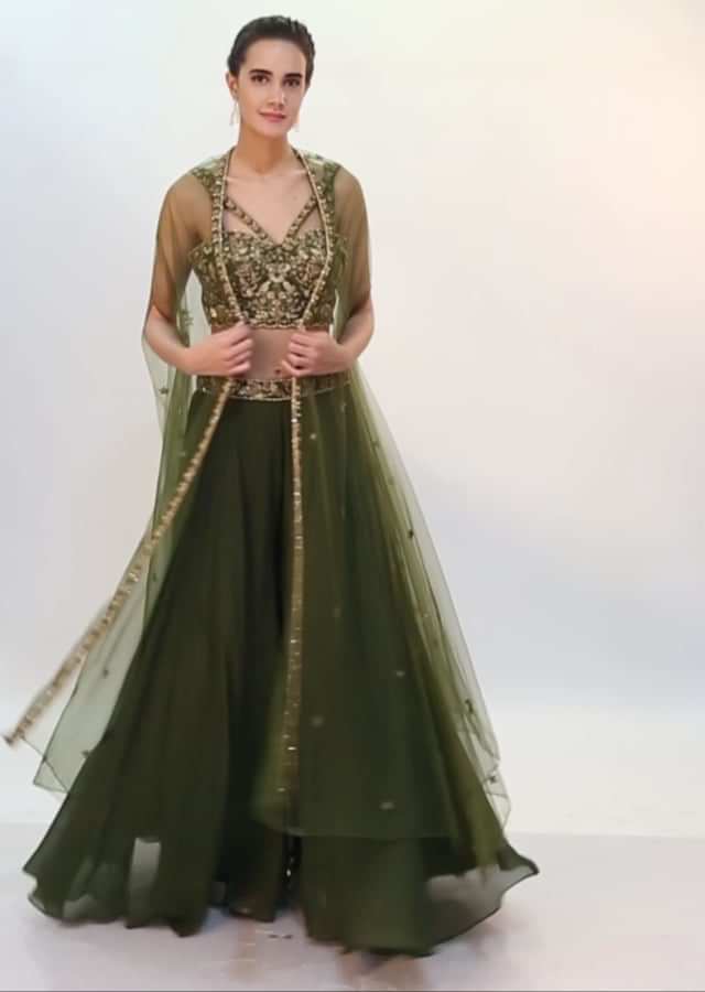 Dark olive green embroidered crop top with and palazzo with net jacket only on kalki