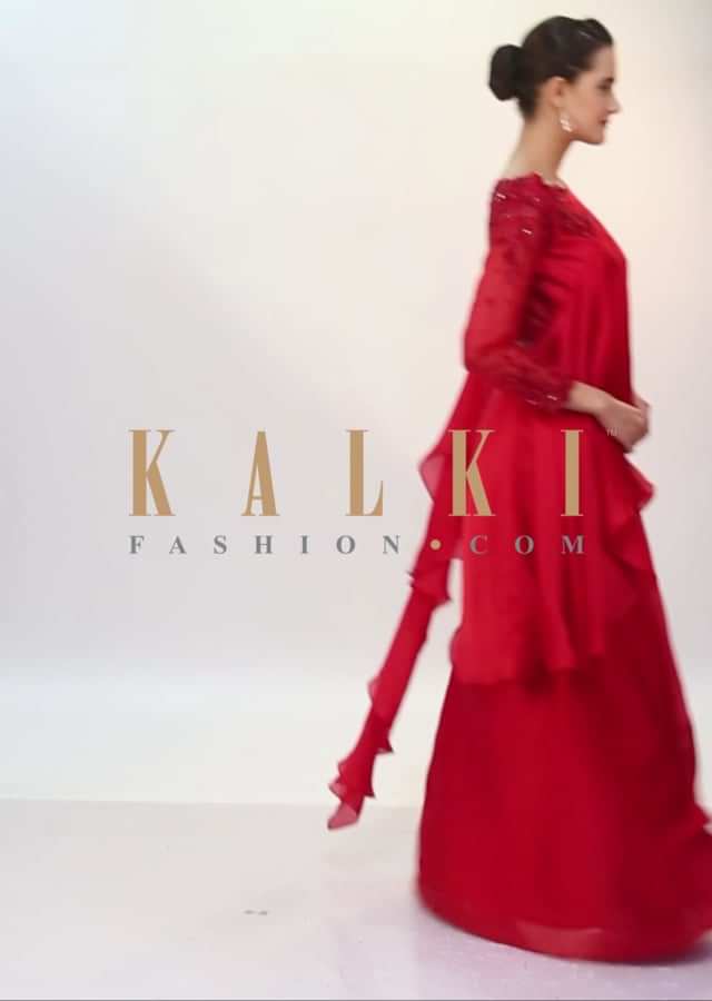 Red satin ready pleated saree with ruffled pallo and net blouse only on kalki