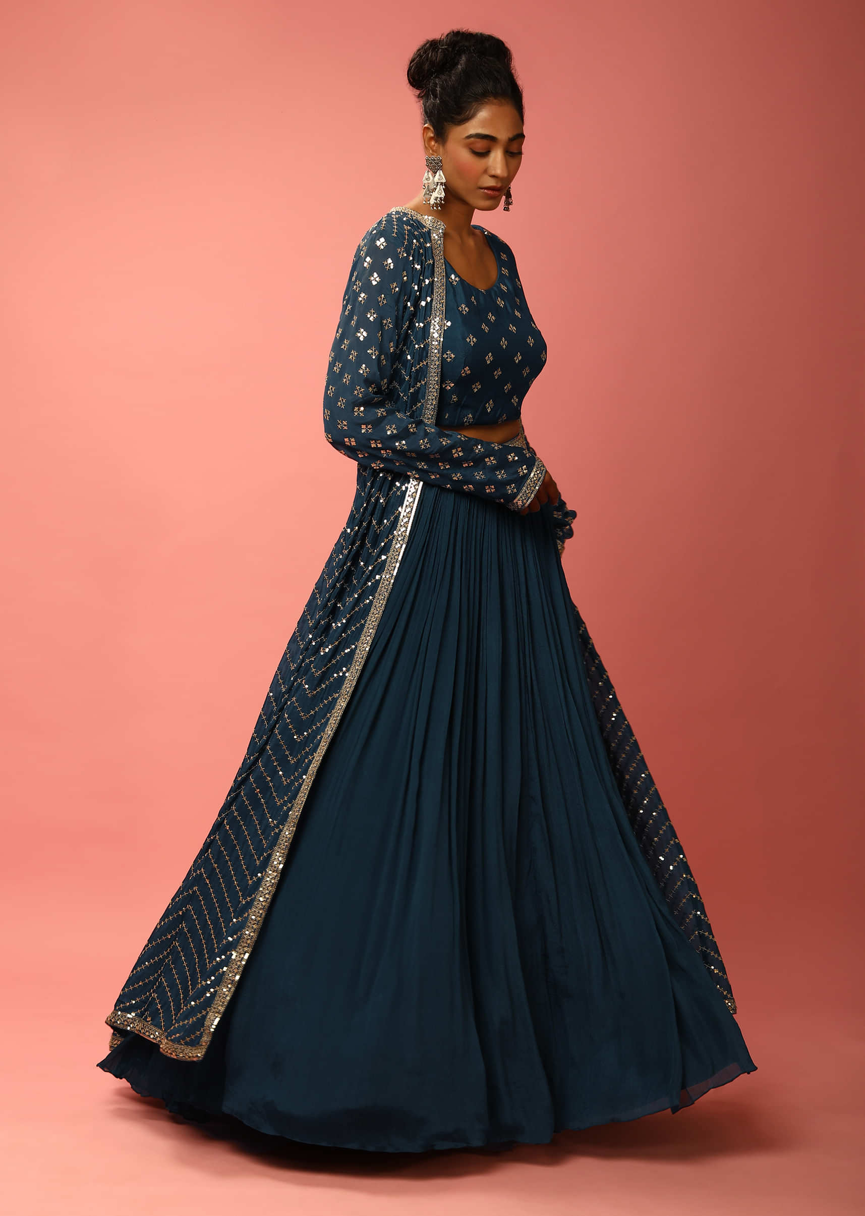 Moroccan Blue Lehenga In Chiffon With Sequin Embroidered Crop Top And Long Jacket 