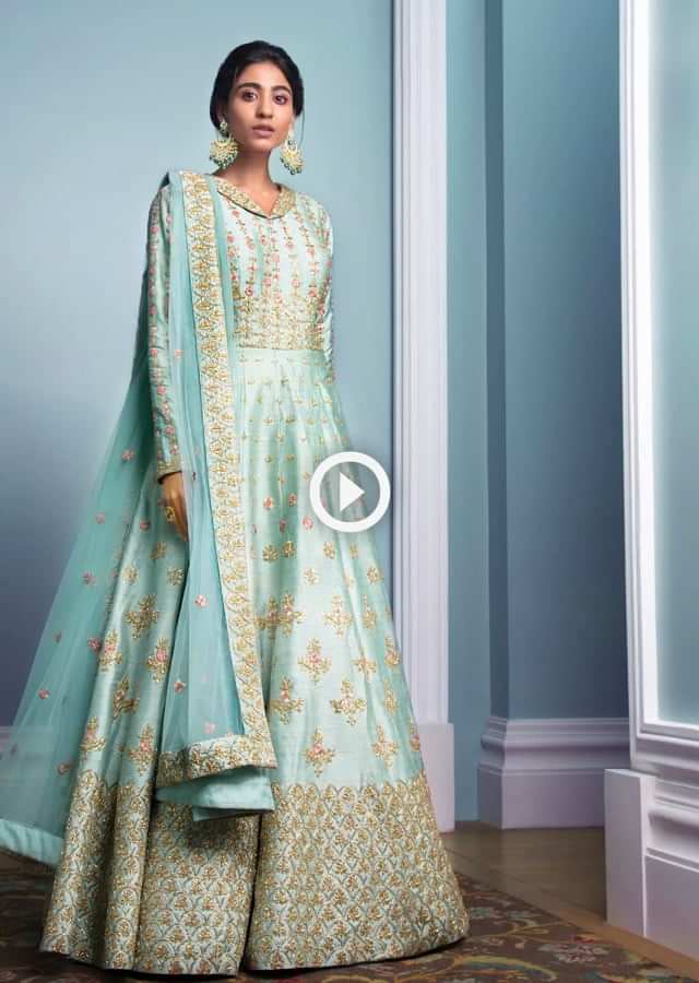 Seafoam Green Anarkali Suit In Raw Silk With Gotta Patch Embroidery In Floral Pattern Online - Kalki Fashion