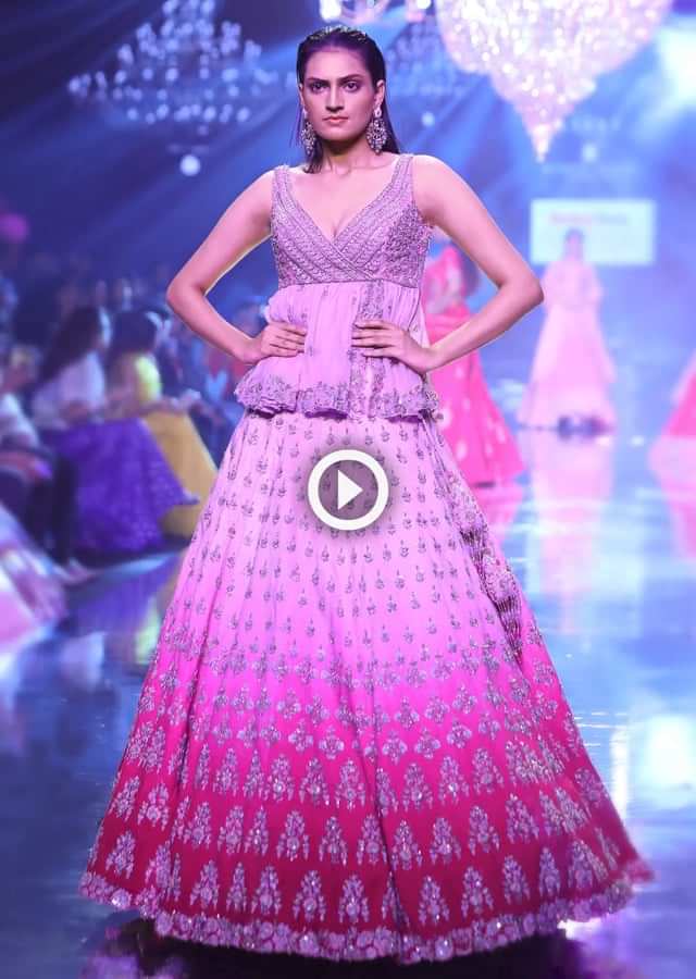 Misty Rose And Fuschia Rose Ombre Lehenga With Embroidered Buttis And Peplum Choli Online - Kalki Fashion