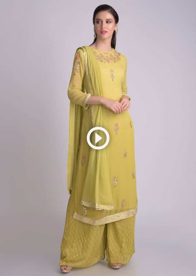 Chartreuse Green Palazzo Suit In Chiffon With Floral Embroidery Online - Kalki Fashion
