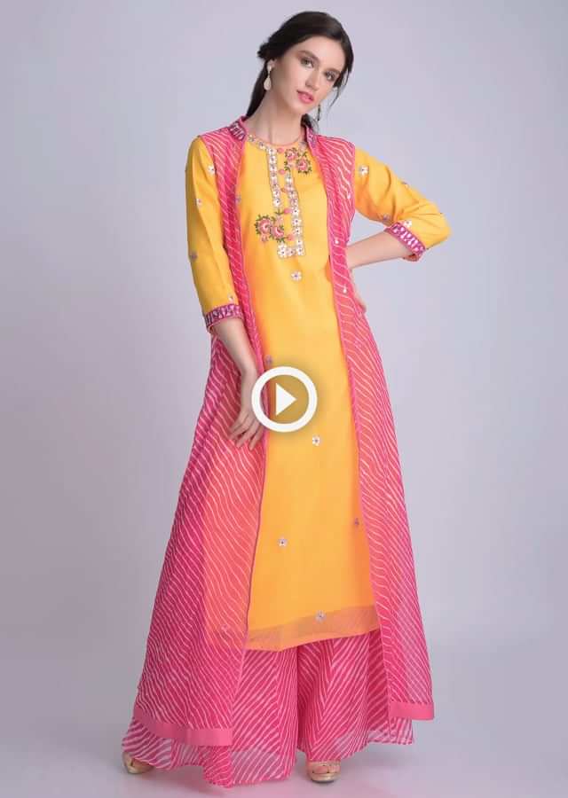 Sun Yellow Suit In Chiffon With Lehariya Printed Palazzo And Jacket Online - Kalki Fashion