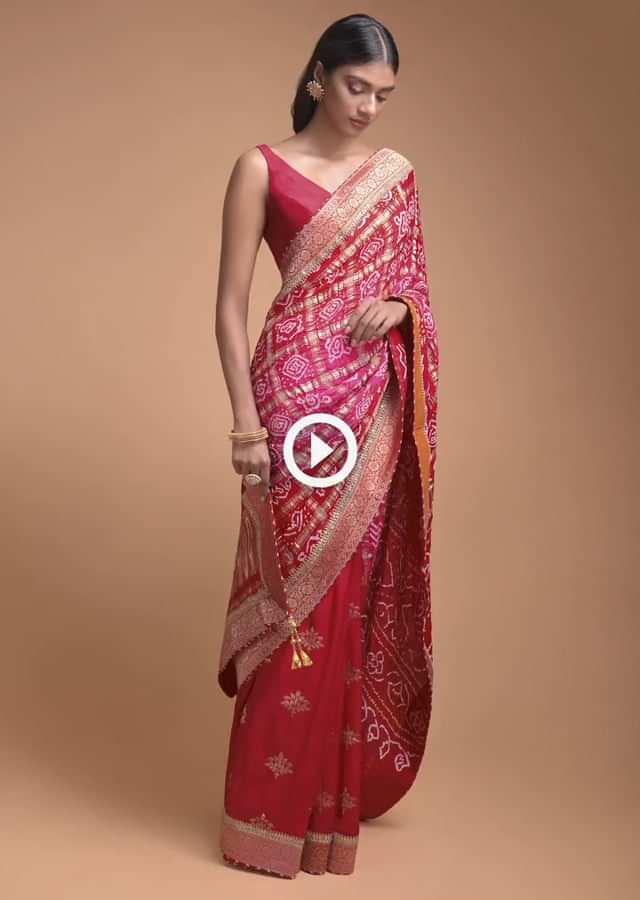 Red Half And Half Saree In Silk With Weaved Floral Buttis And Bandhani Print Online - Kalki Fashion