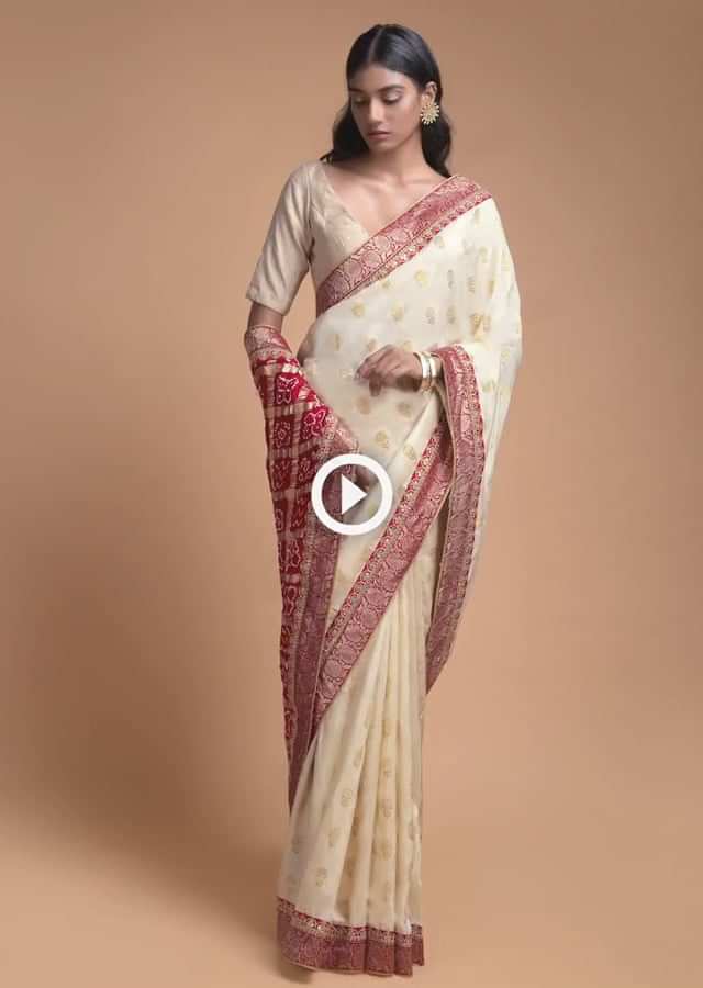 Ivory Beige Saree In Silk With Weaved Floral Buttis And Bandhani Printed Pallu Online - Kalki Fashion