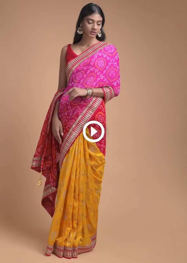 Sun Yellow And Magenta Half And Half Saree With Weaved Floral Jaal And Bandhani Print Online - Kalki Fashion