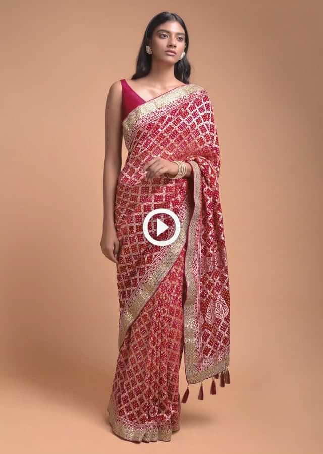 Orange And Red Shaded Saree In Georgette With Bandhani Print And Weaved Checks Online - Kalki Fashion