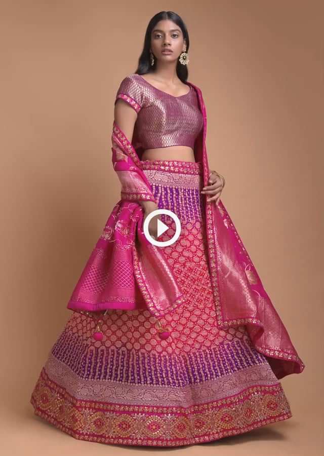 Pink And Purple Shaded Lehenga With Bandhani Print And Weaved Floral Buttis Online - Kalki Fashion