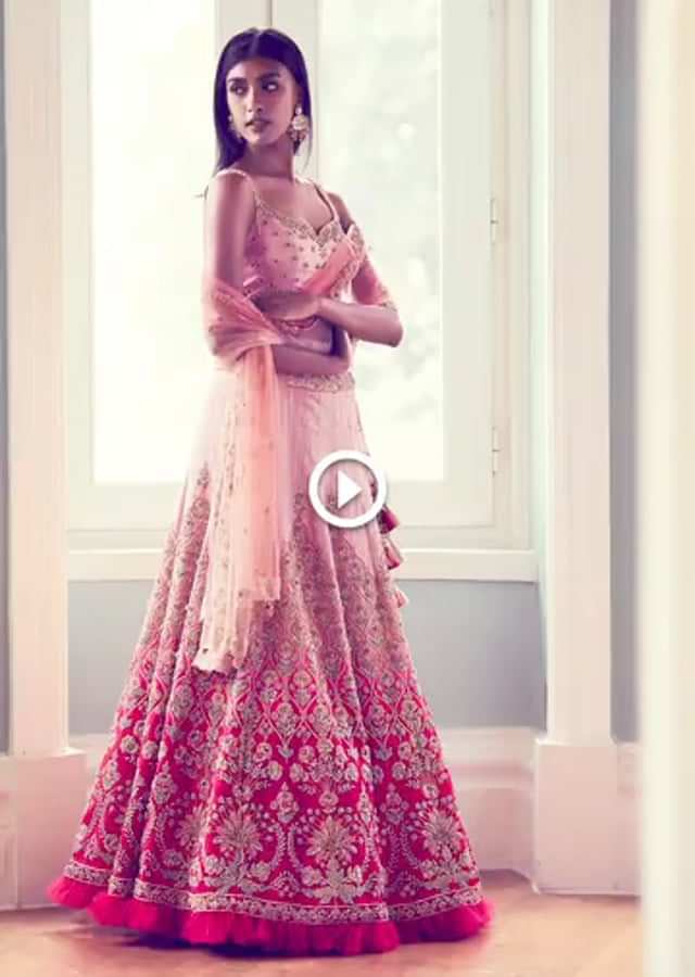 Rose Pink Lehenga Choli In Ombre Shaded Raw Silk Handcrafted With Traditional Floral Embroidery Online - Kalki Fashion