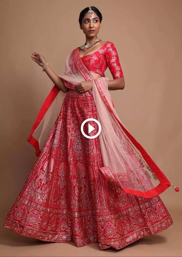 Red Silk Lehenga Choli With Floral Printed Peacock And Floral Motifs Online - Kalki Fashion