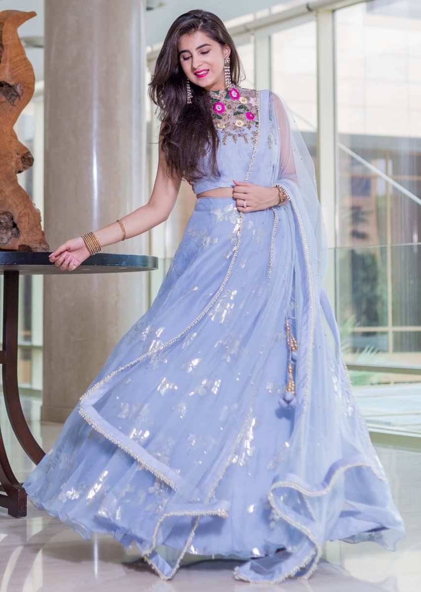 Blue Lehenga In Organza Paired With An Embroidered Net Blouse And Net Dupatta Online - Kalki Fashion