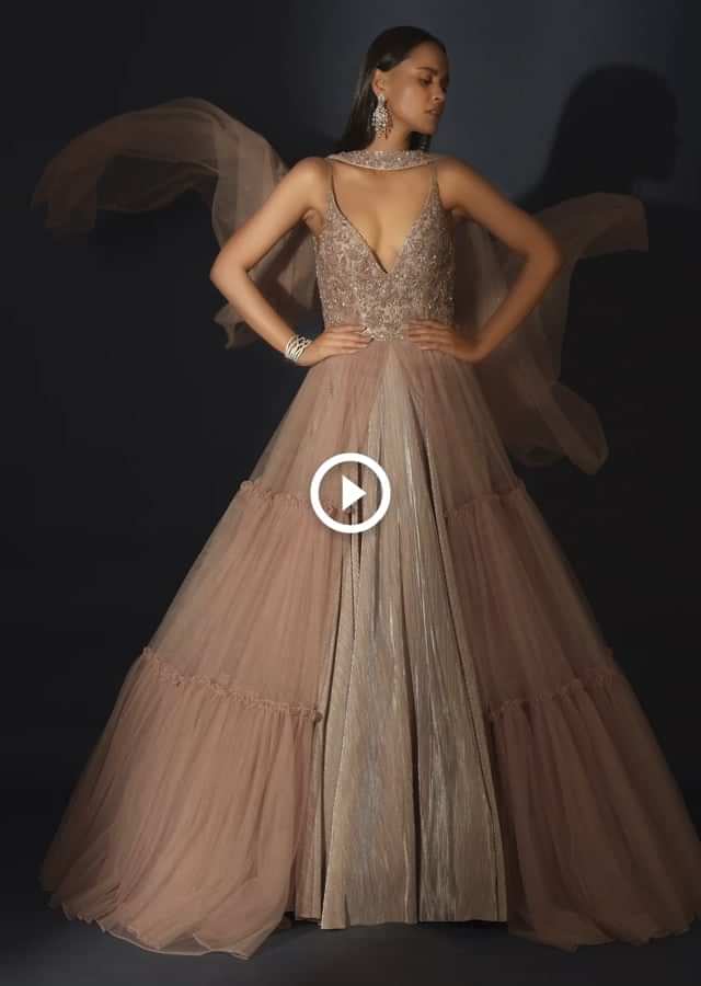 Champagne Tiered Gown With An Embellished Plunging V Cut Bodice And Shimmer Underlayer  Online - Kalki Fashion