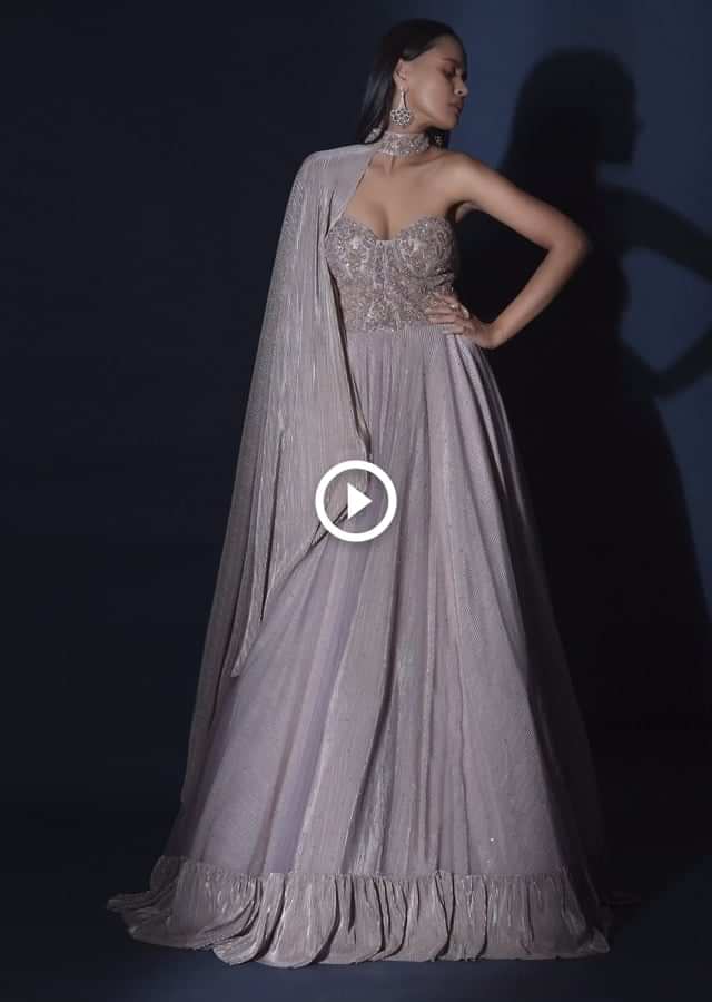Champagne Strapless Gown With Embroidered Bodice And Fancy Cape Attached To A Choker Online - Kalki Fashion