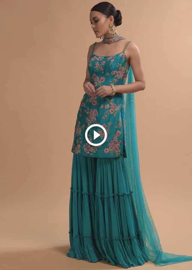 Teal Sharara Suit With Colorful Resham, Cut Dana And Moti Embroidered Spring Blossoms Online - Kalki Fashion