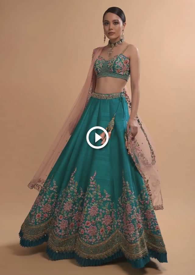 Ocean Green Lehenga Choli In Raw Silk With Resham Embroidered Spring Blooms And Scallop Hem Online - Kalki Fashion