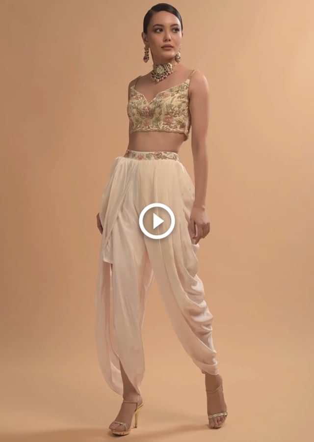 Ivory Tulip Dhoti And Crop Top Set With Embossed Embroidery And Sweetheart Neckline Online - Kalki Fashion