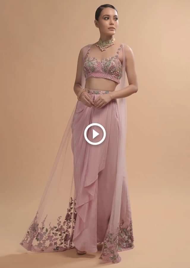 Icy Pink Draped Skirt And Crop Top Set With Long Jacket And 3D Flower Embroidery Online - Kalki Fashion