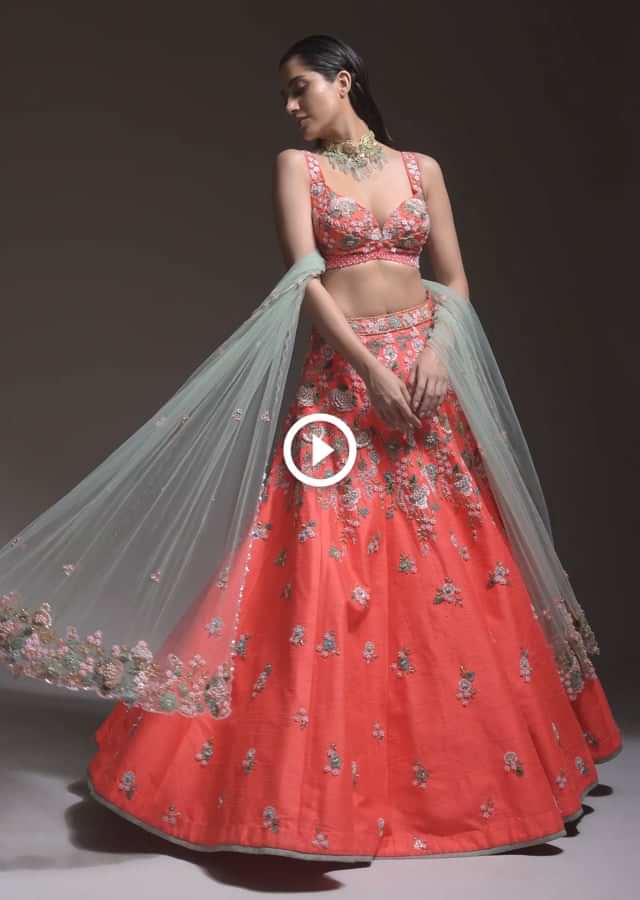 Coral Lehenga Choli With 3D Resham Flowers And Sequins Embroidered Summer Blossoms Online - Kalki Fashion Online - Kalki Fashion