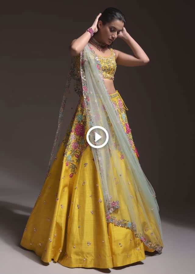 Yellow Lehenga Choli In Raw Silk With Resham, Cut Dana And Sequins Embroidered Summertime Blossoms Online - Kalki Fashion
