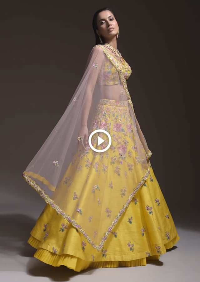 Citrus Lehenga Choli In Raw Silk With Resham Embroidered Spring Blooms And Gradating Floral Buttis Online - Kalki Fashion