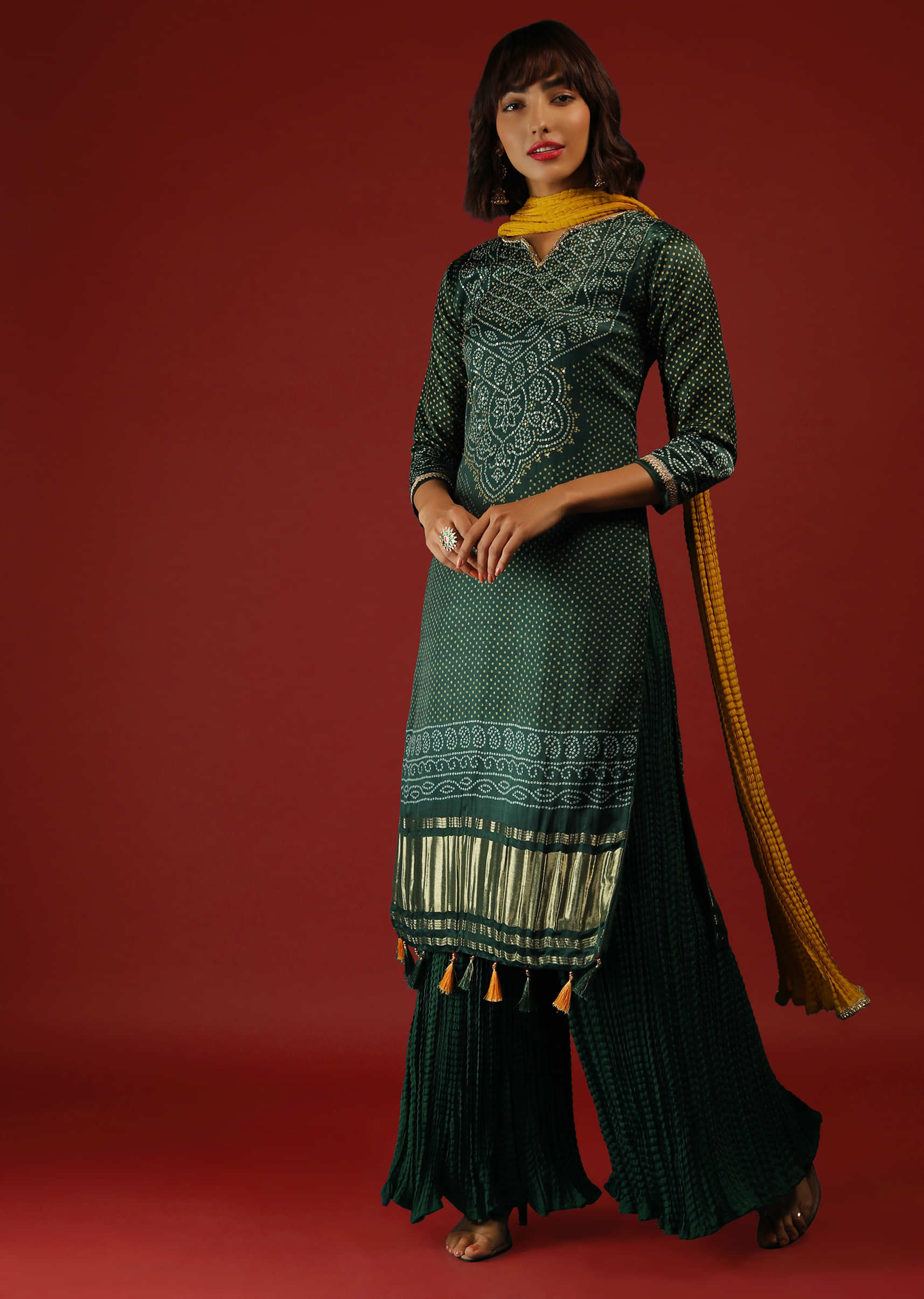 Pine Green Palazzo Suit In Satin With Bandhani Print And Sequins Embroidery  