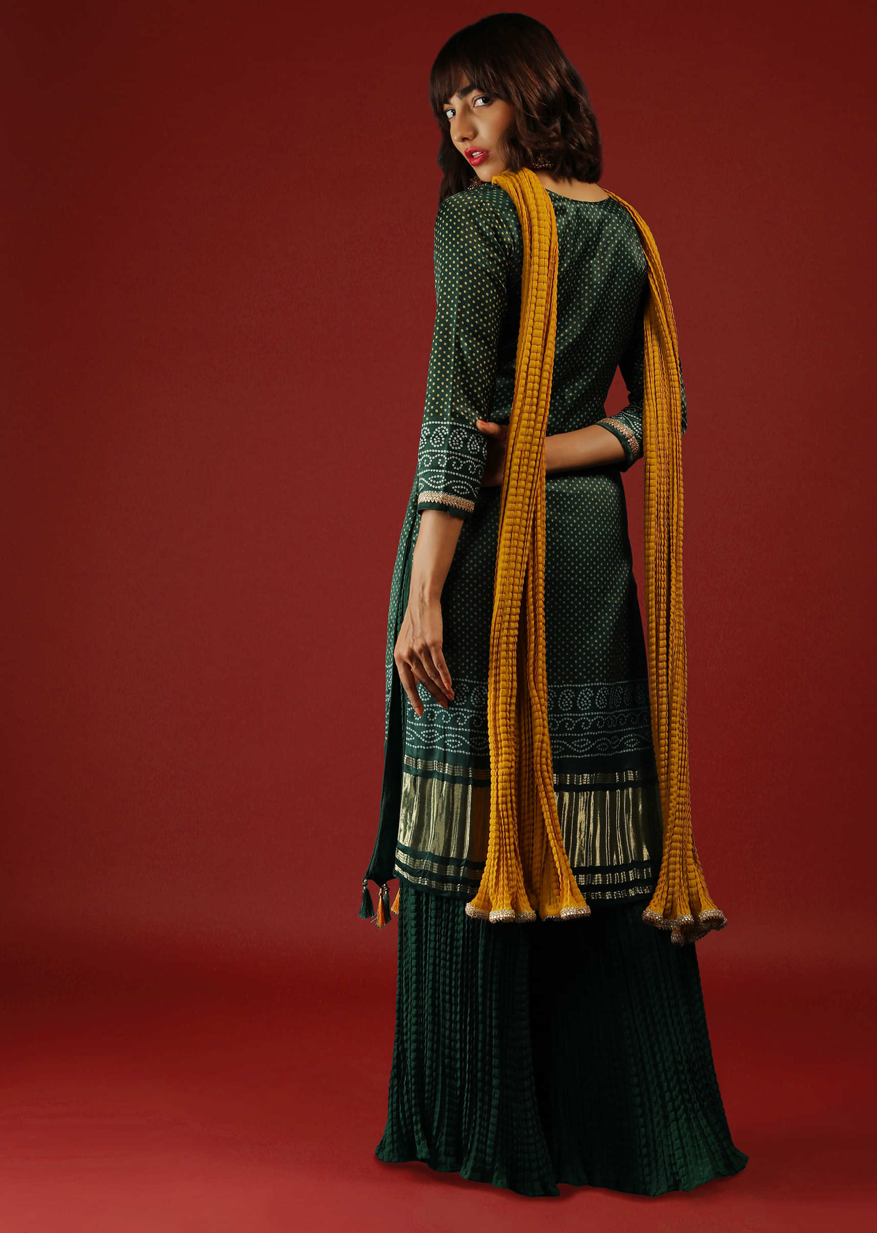 Pine Green Palazzo Suit In Satin With Bandhani Print And Sequins Embroidery  