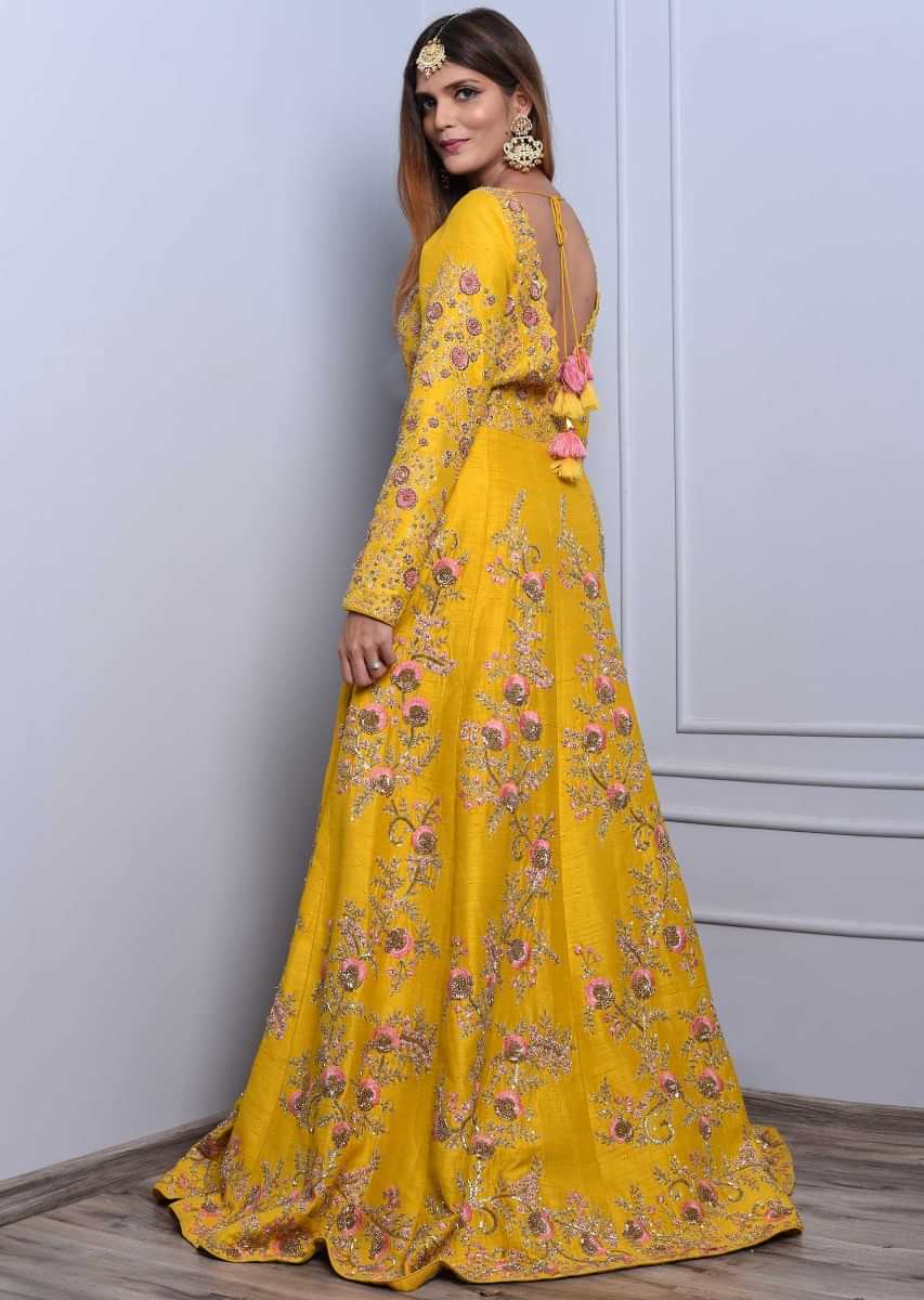 Chrome Yellow Anarkali Dress In Raw Silk With Multi Color Floral Resham Embroidery Online - Kalki Fashion