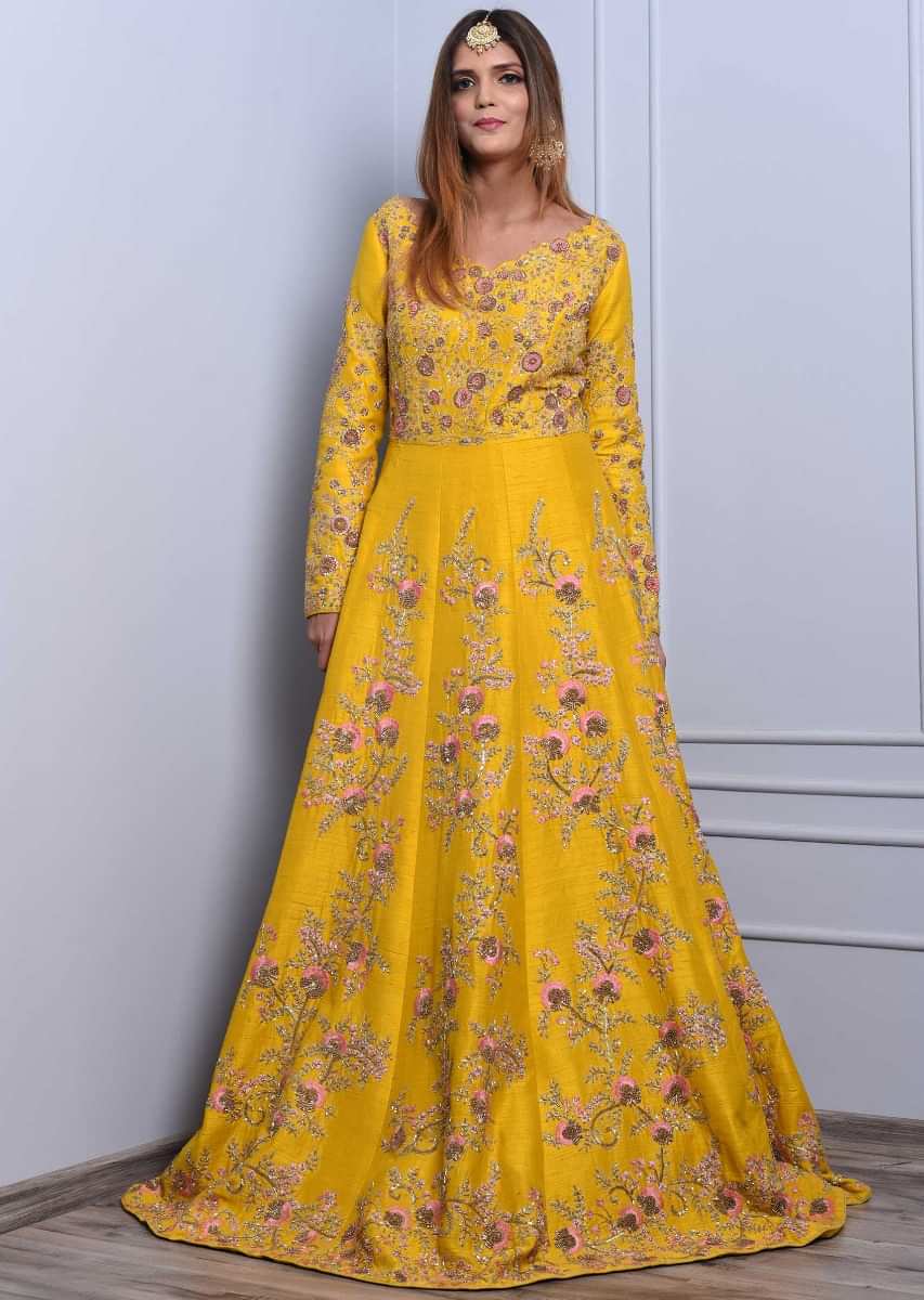 Chrome Yellow Anarkali Dress In Raw Silk With Multi Color Floral Resham Embroidery Online - Kalki Fashion