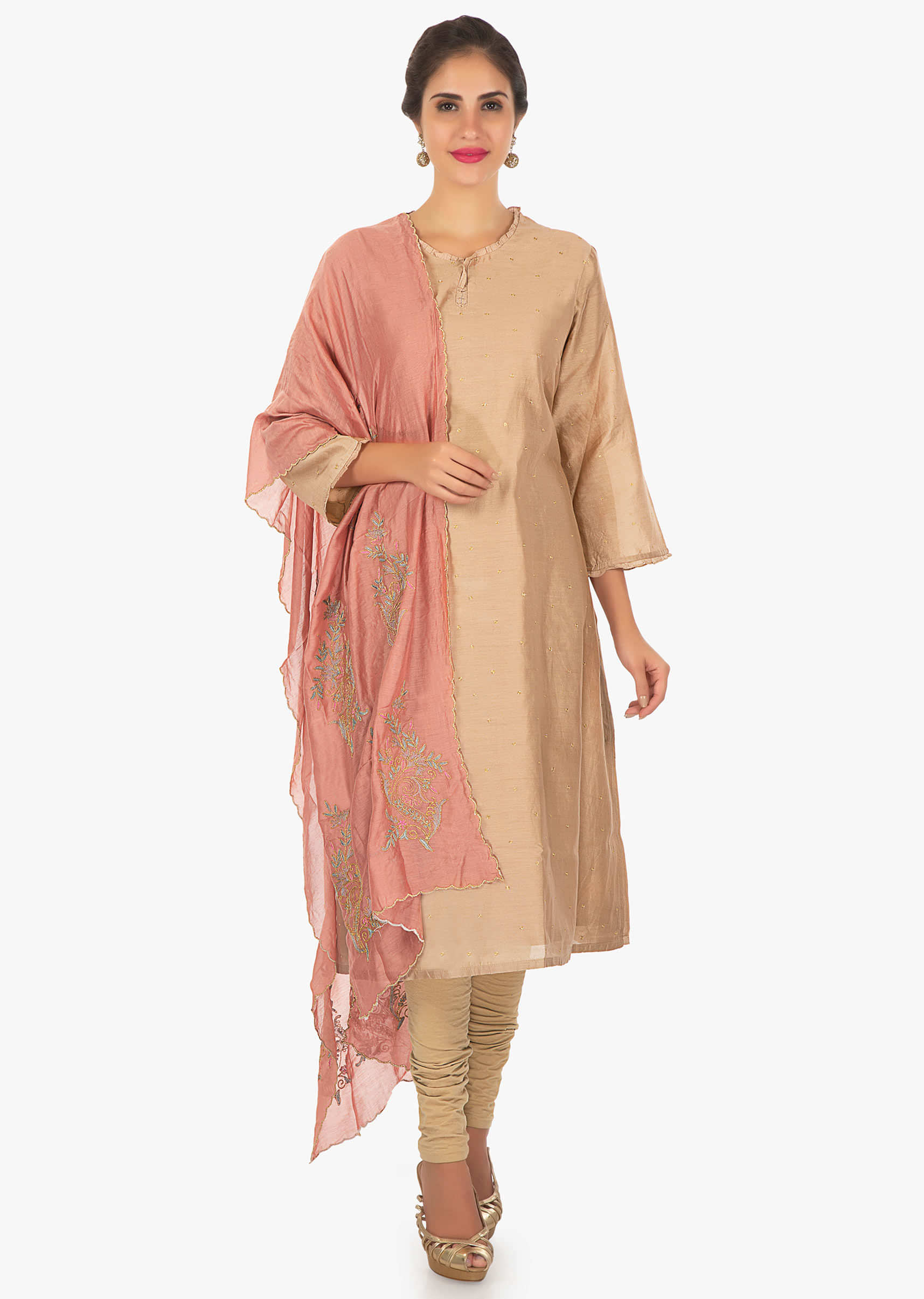 A line brown kurti with a dupatta in zari and resham embroidery only on Kalki