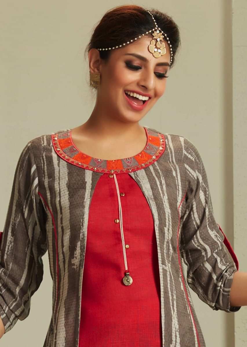 A line suit in red and grey top layer with resham embroidered neckline only on Kalki