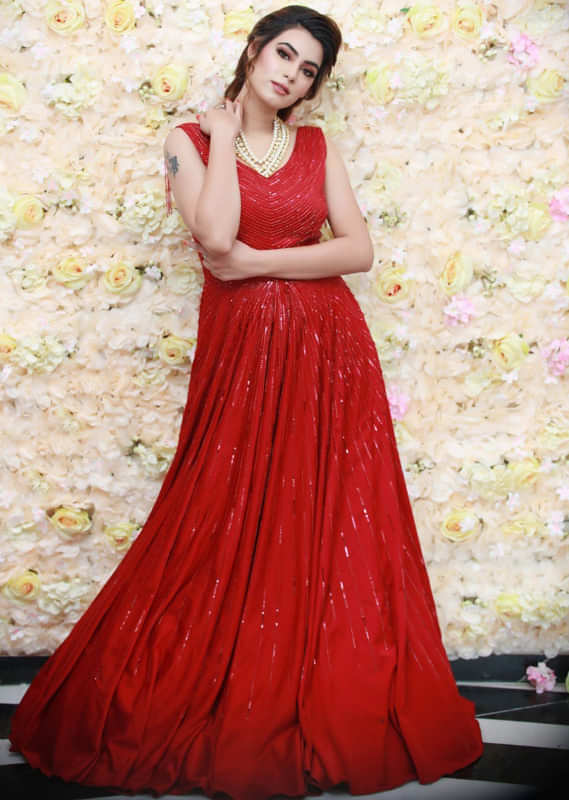 Haute Red Gown In Satin Silk Adorned With Self Moti And Sequins Embroidery Online - Kalki Fashion