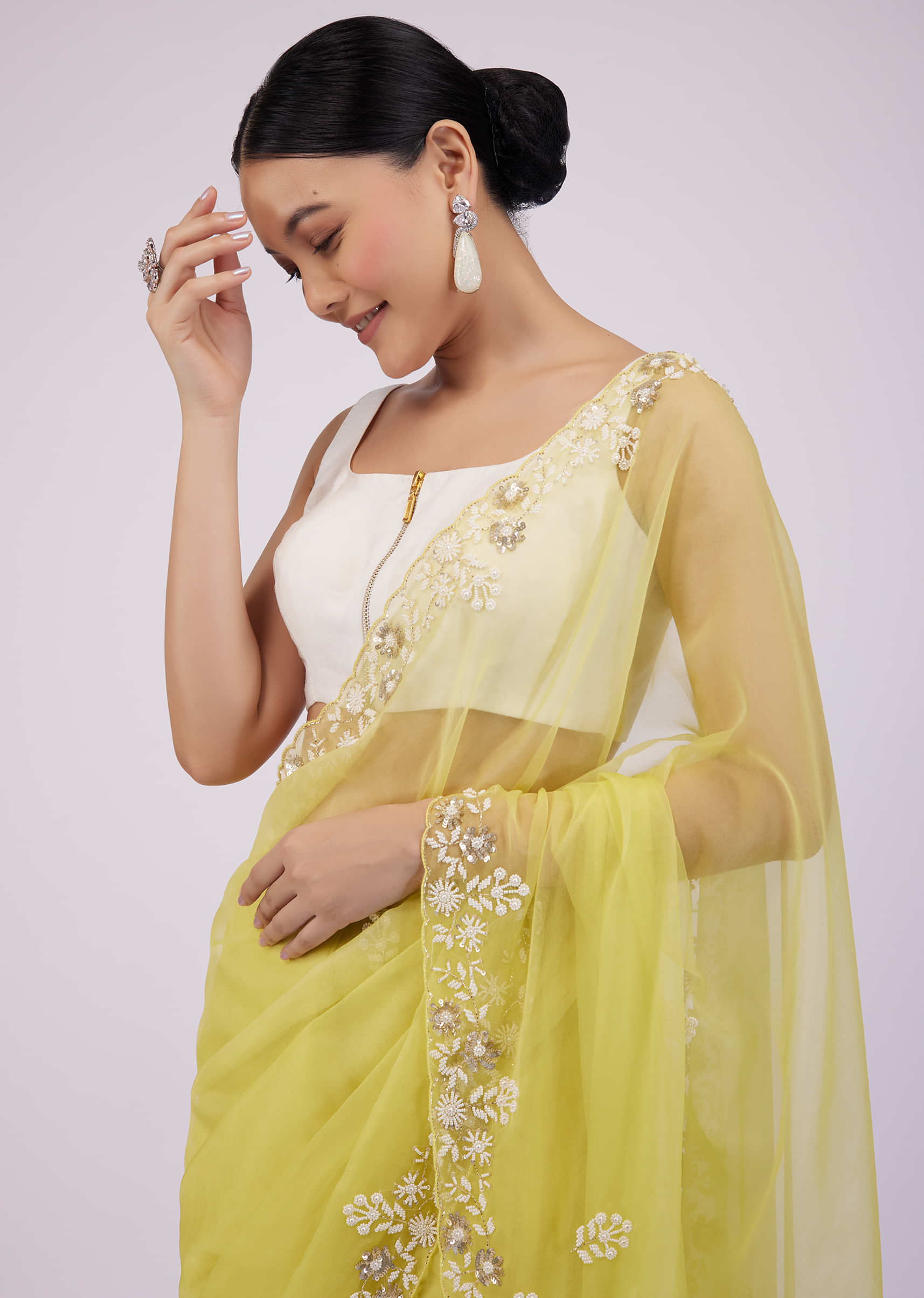 Pista Yellow Saree In Organza With Moti And Pearl Embroidery