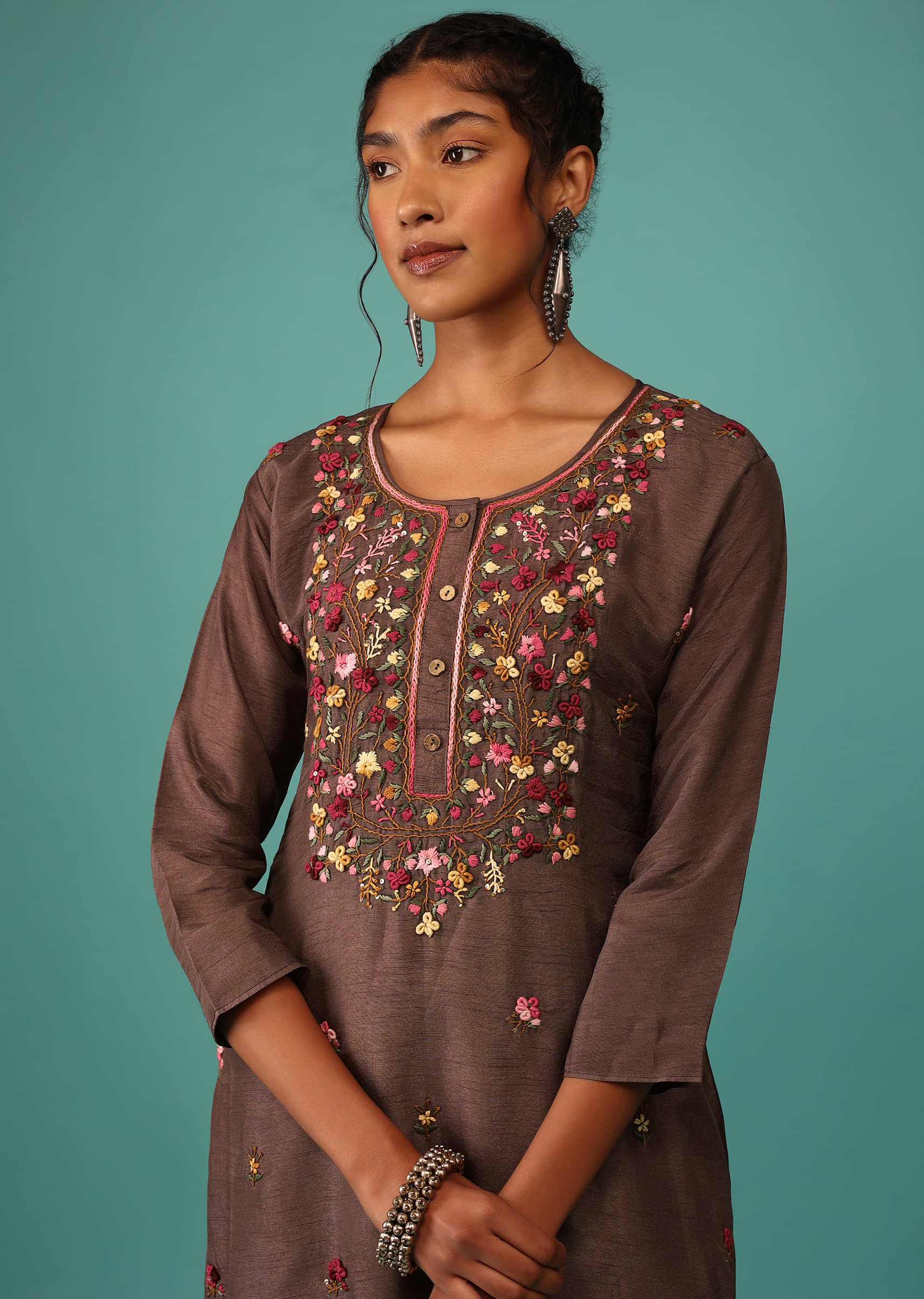 Coffee Brown Kurta Set In Dola Silk With Kashmiri Thread Embroidery & 3D Floral Work