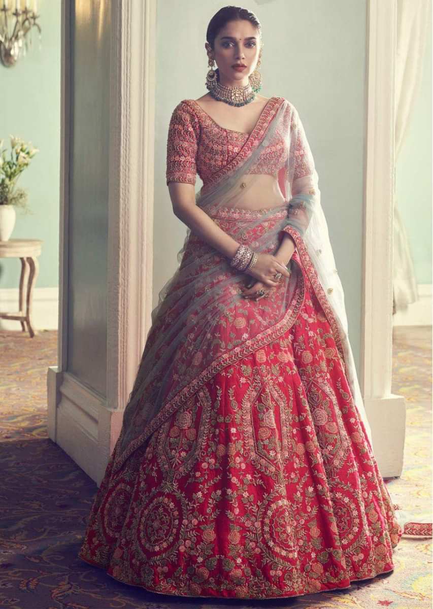 Aditi Rao Hydari In Kalki Crimson Red Lehenga in Raw Silk With Intricately Hand Embroidered Floral Pattern 