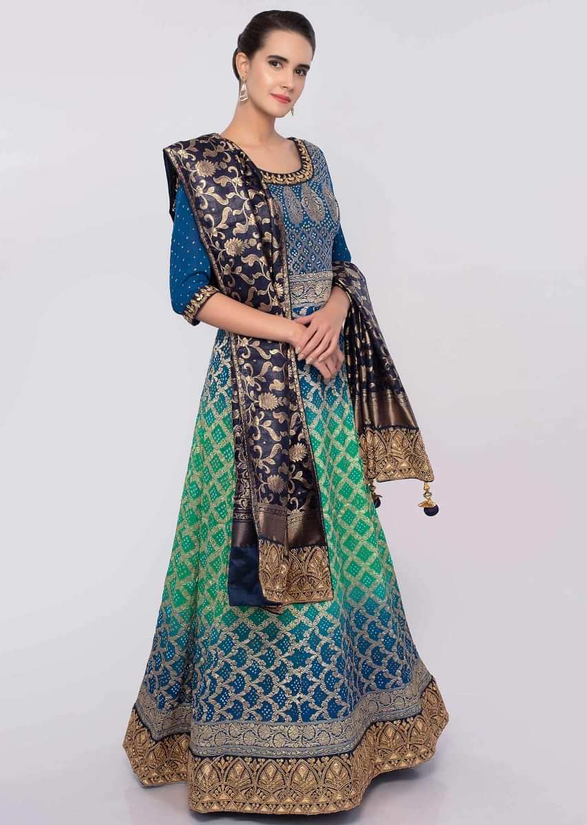 Admiral Blue And Green Shaded Anarkali In Crushed Georgette With Bandhani Print Online - Kalki Fashion