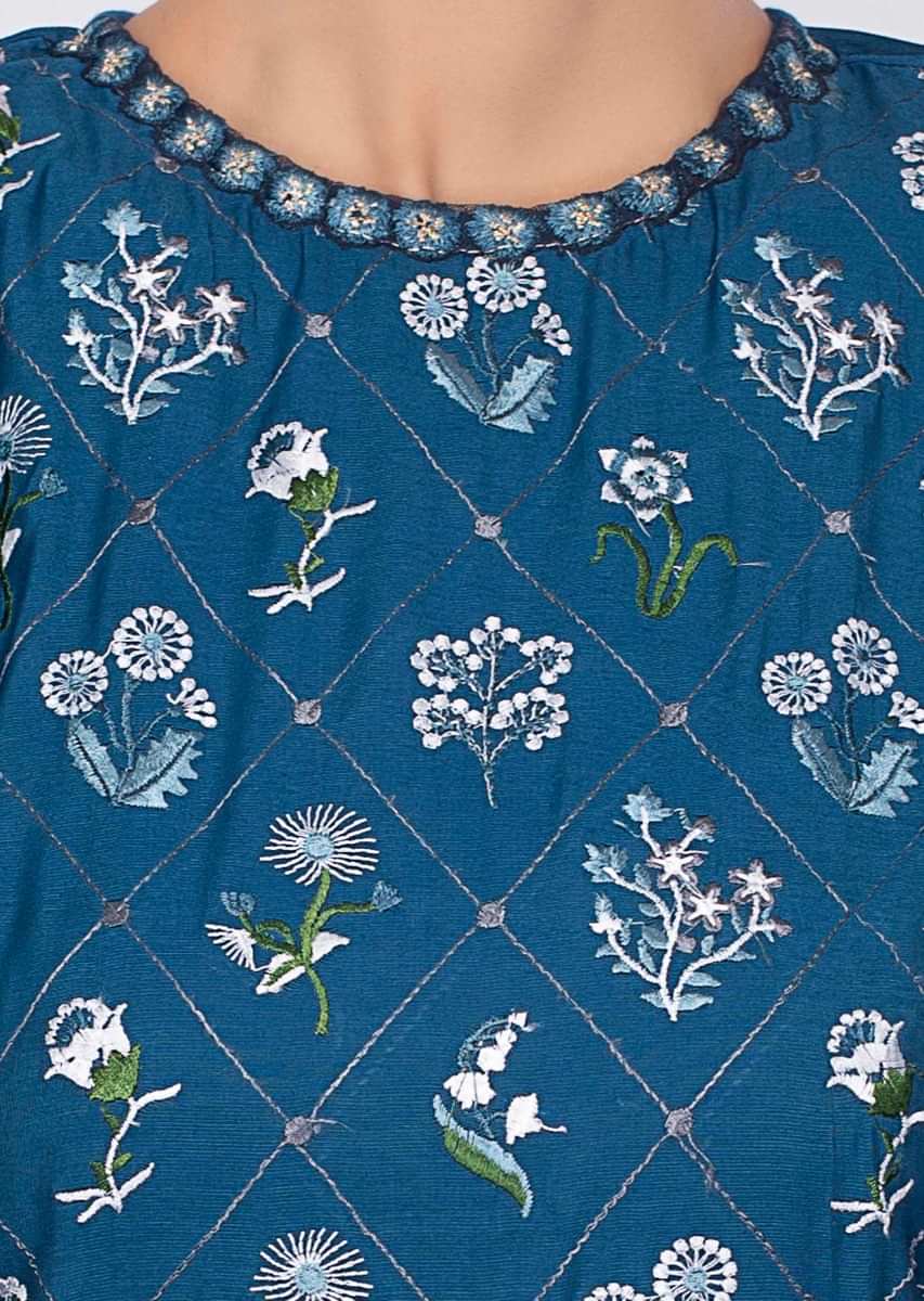 Admiral Blue Sharara Suit In Cotton With Floral Resham Embroidery Online - Kalki Fashion