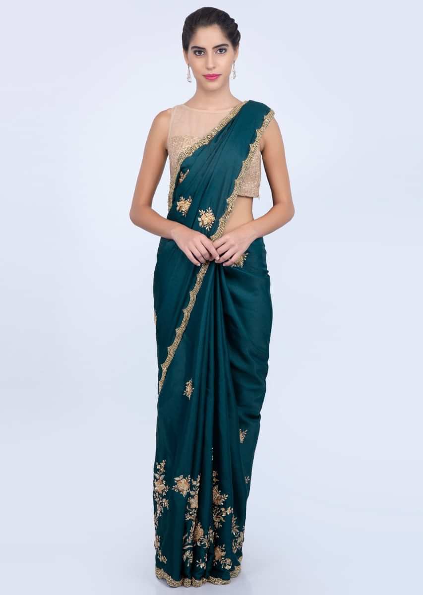 Admiral blue dupion silk saree with embroidered lower bottom and pallo only on kalki