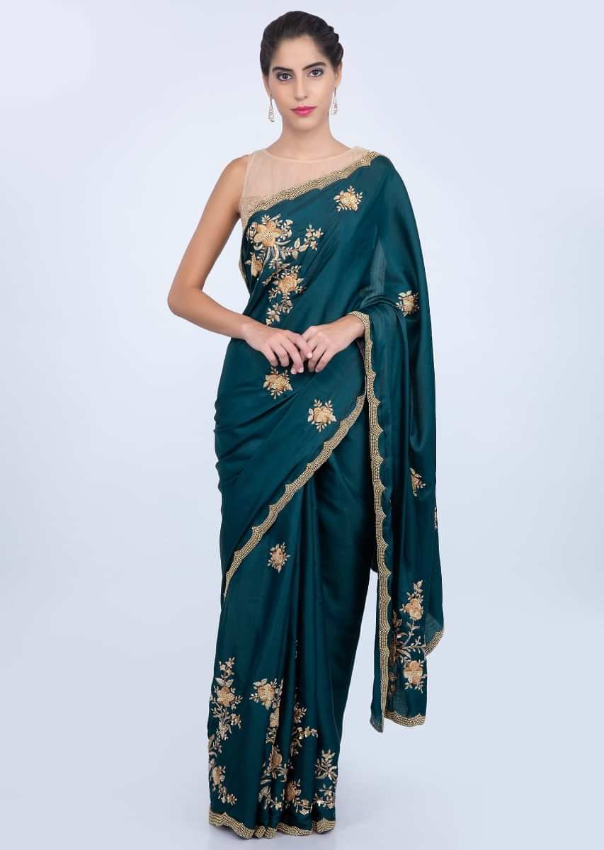 Admiral blue dupion silk saree with embroidered lower bottom and pallo only on kalki