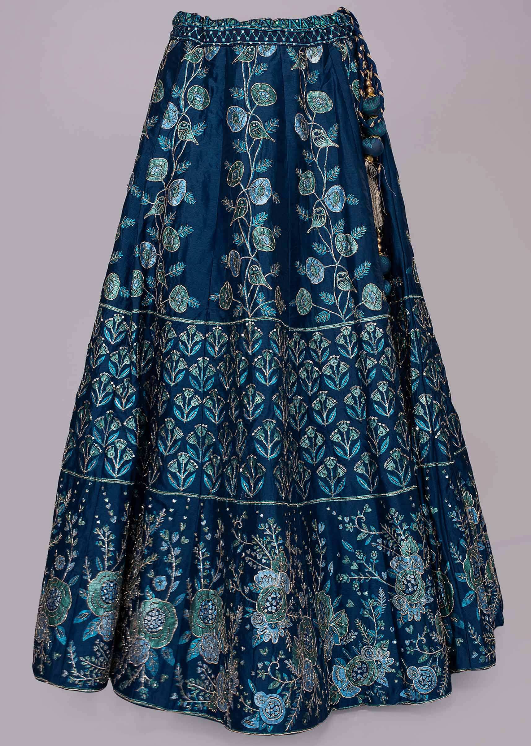 Buy Admiral Blue Lehenga With Foil Print In Bird And Floral Motif ...