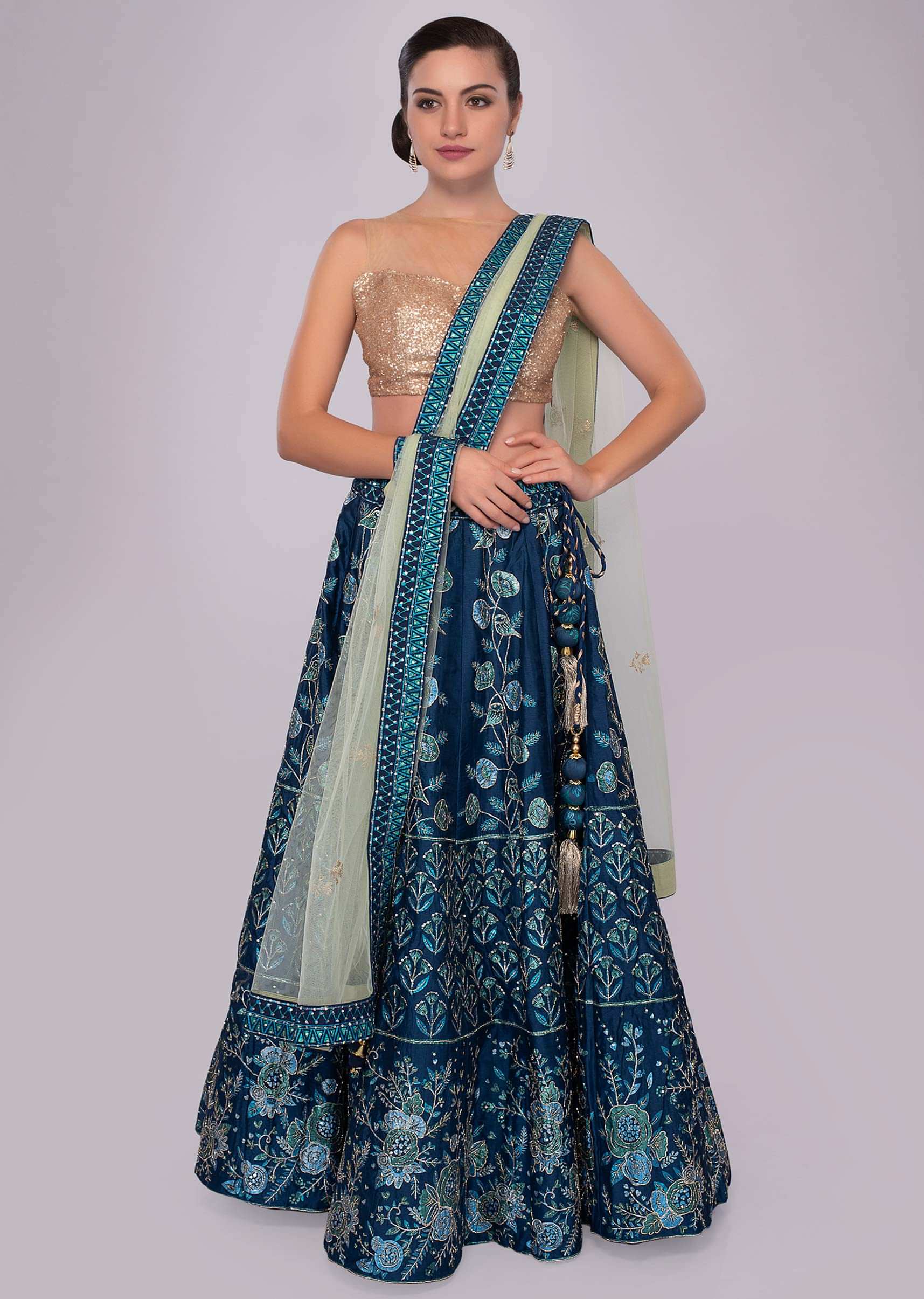 Buy Admiral Blue Lehenga With Foil Print In Bird And Floral Motif ...