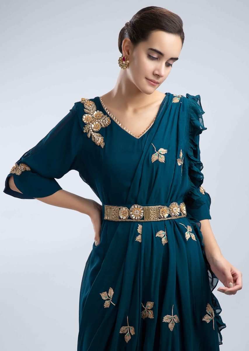 Admiral Blue Tunic In Georgette With A Pre Stitched Draped Wrap Around  