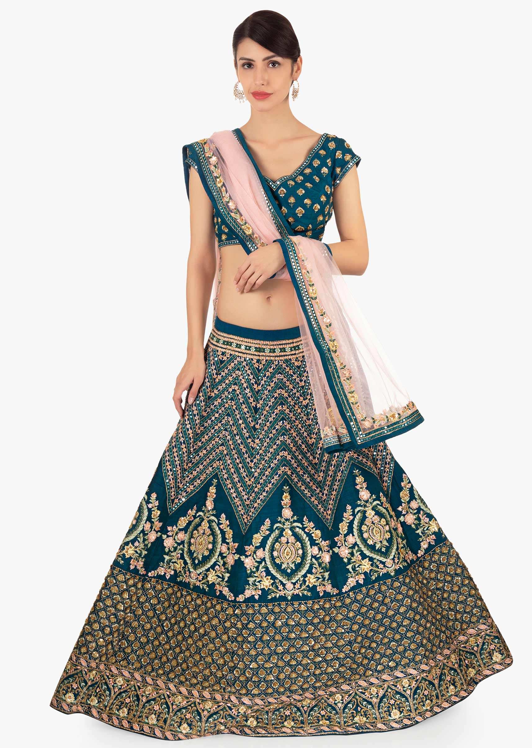 Admiral Blue Lehenga In Raw Silk With Geometric Motif Paired With Matching Blouse And Pink Net Dupatta Online - Kalki Fashion
