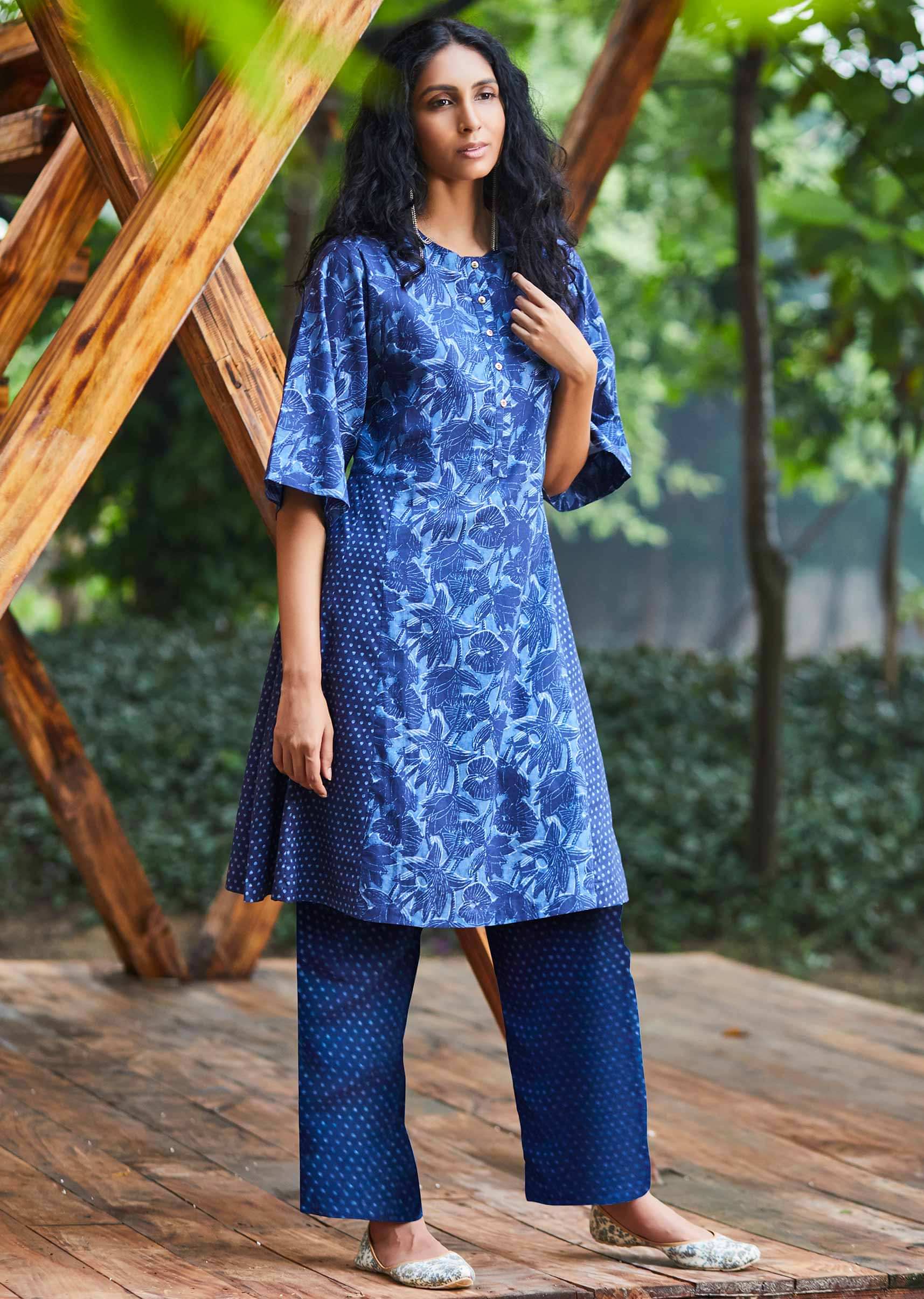 Aegean blue floral printed cotton suit with matching cotton palazzo pant in printed butti